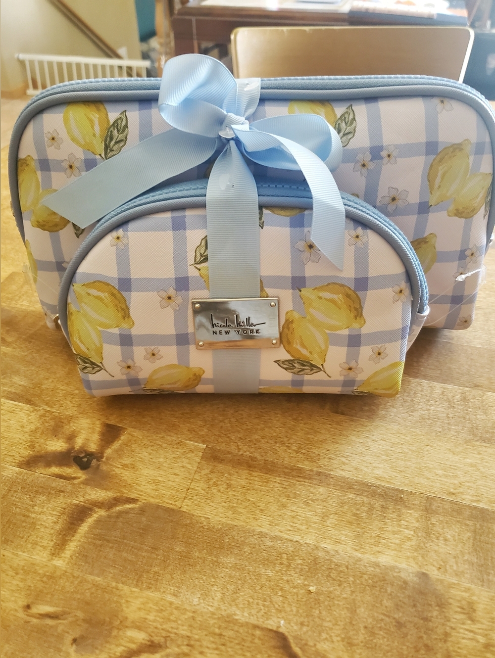 Nicole Miller Blue & Yellow Lemon Gingham Cosmetic Bag Set